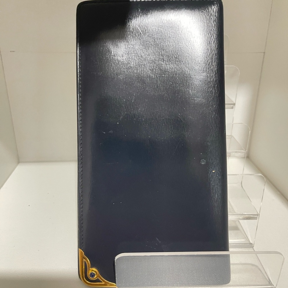 Cartier Navy Blue Leather Long Wallet with Gold Corner Accent